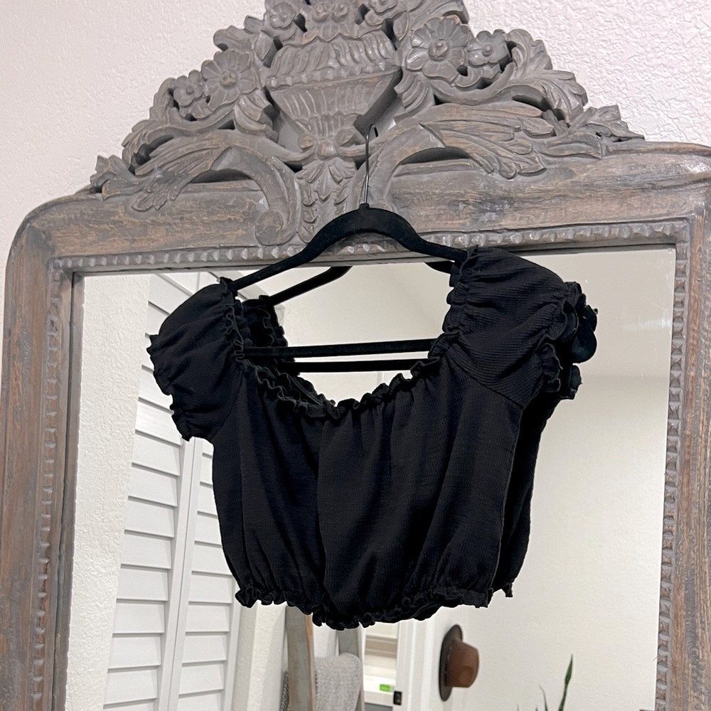 Cropped and rubbed puffed sleeve shirt